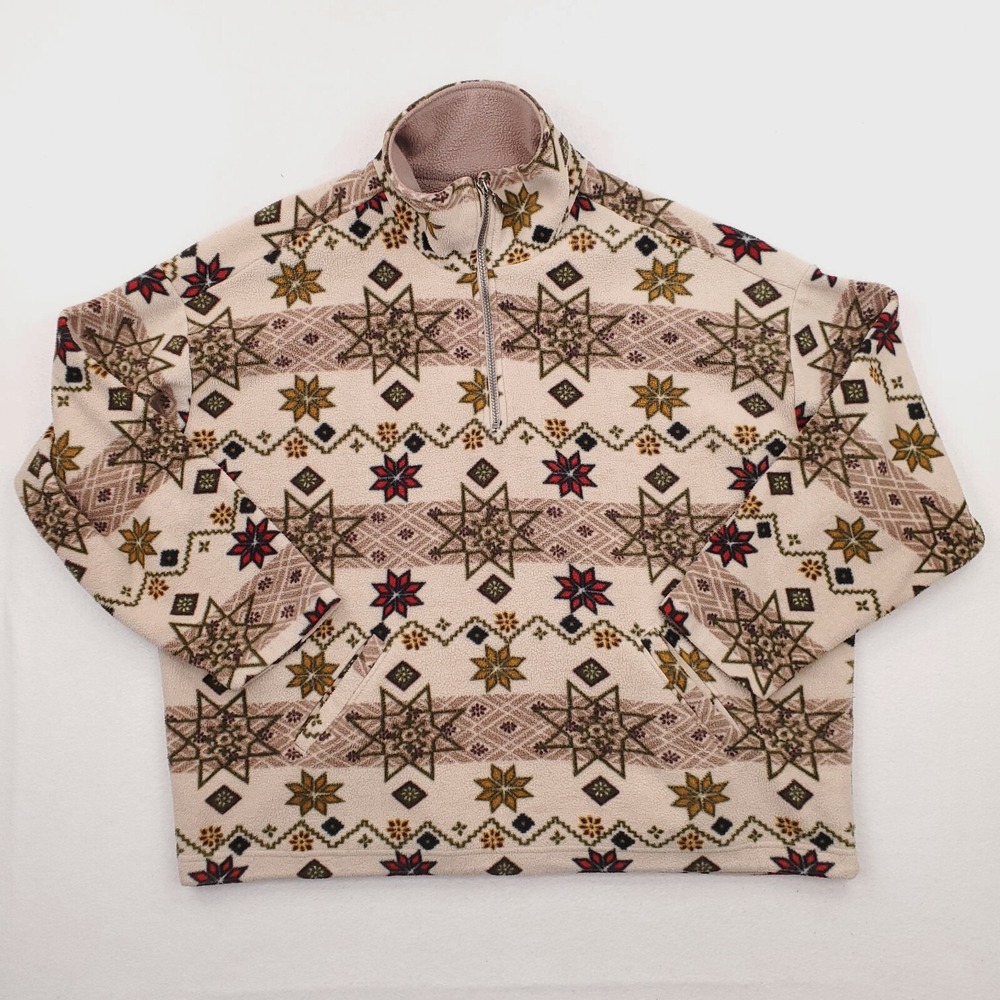 Brooks Brothers Quarter Zip Pullover Mens Large Beige Fleece Fair Isle Snowflake